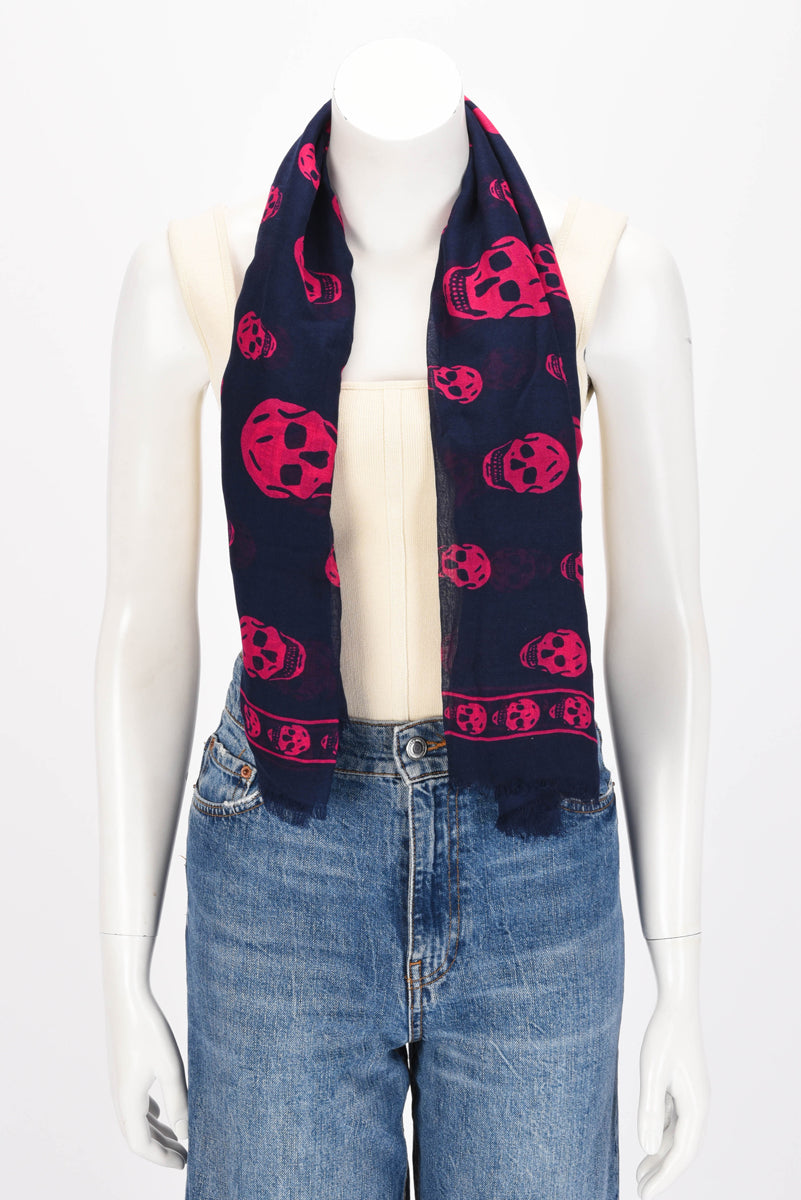 Alexander McQueen Navy & Pink Modal & Silk Skull Scarf