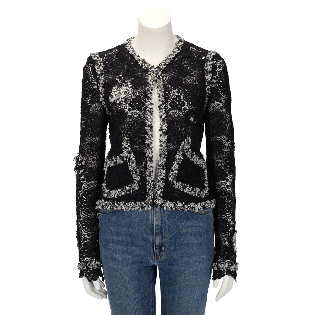 Chanel Black & White Lace Applique Jacket FR 40