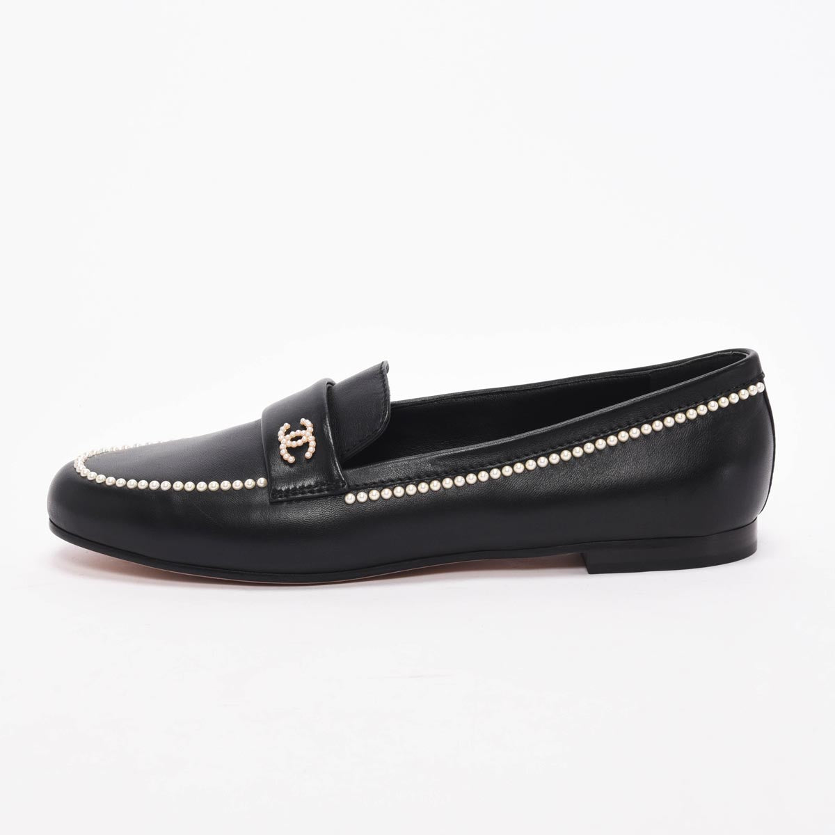 Chanel Black Lambskin Pearl CC Loafers 42