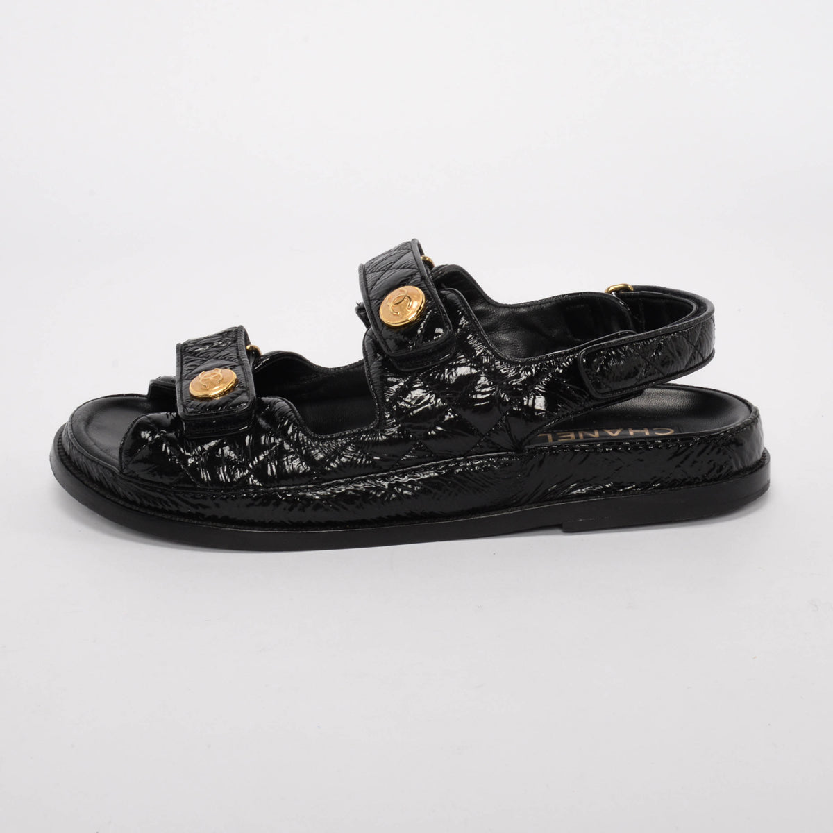 Chanel Black Crinkled Patent Dad Sandals 41.5