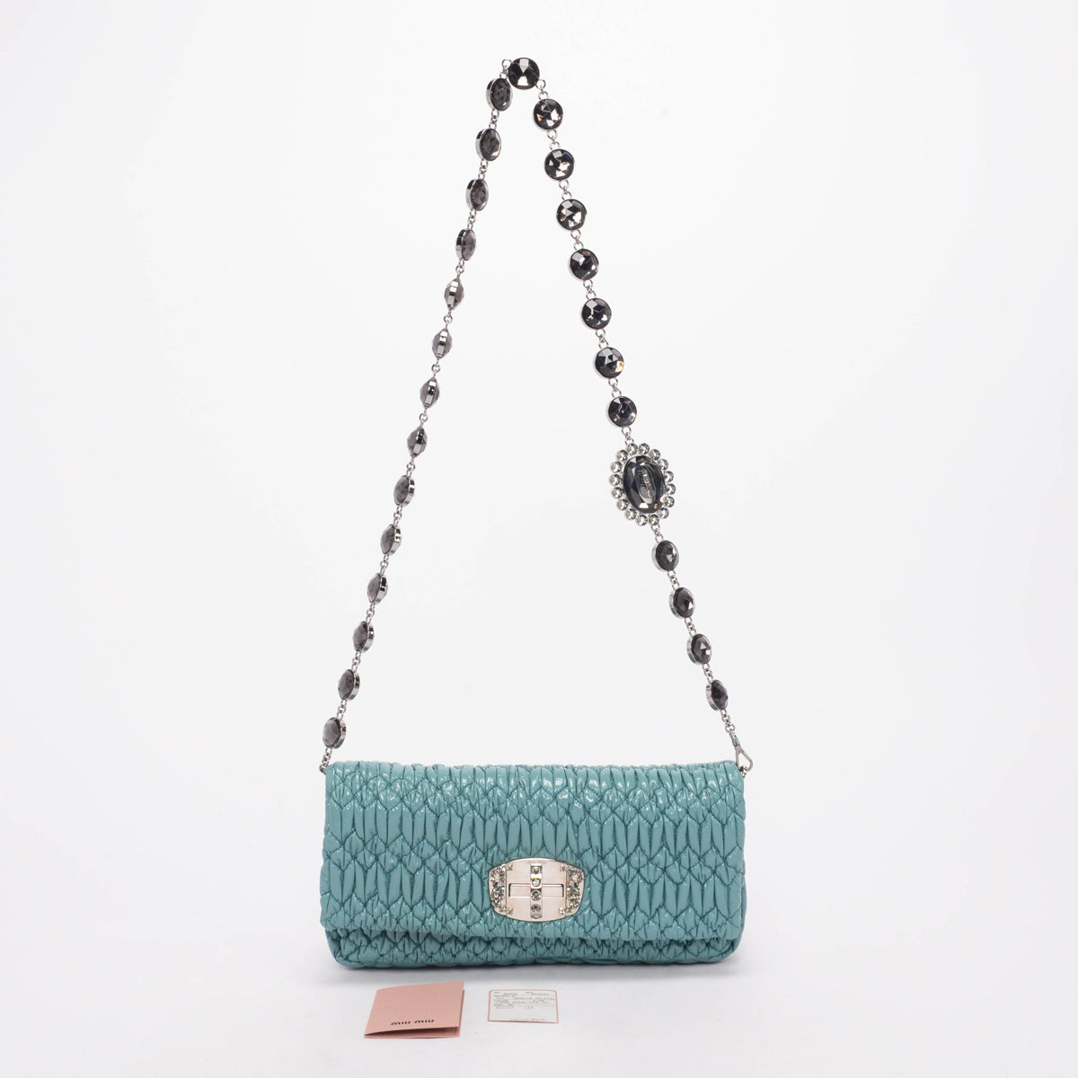 Miu Miu Mint Patent Matelasse Crystal Cross Body Bag