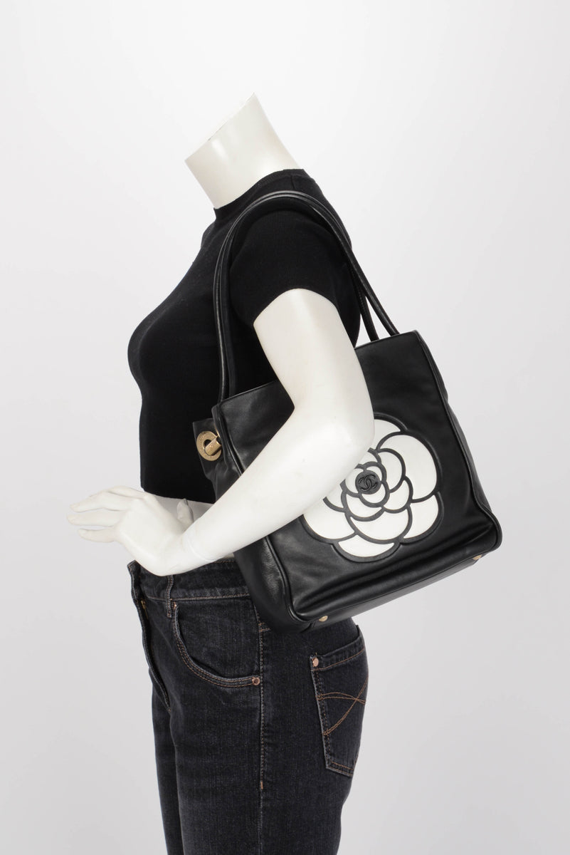 Chanel Black Lambskin Camellia Tote