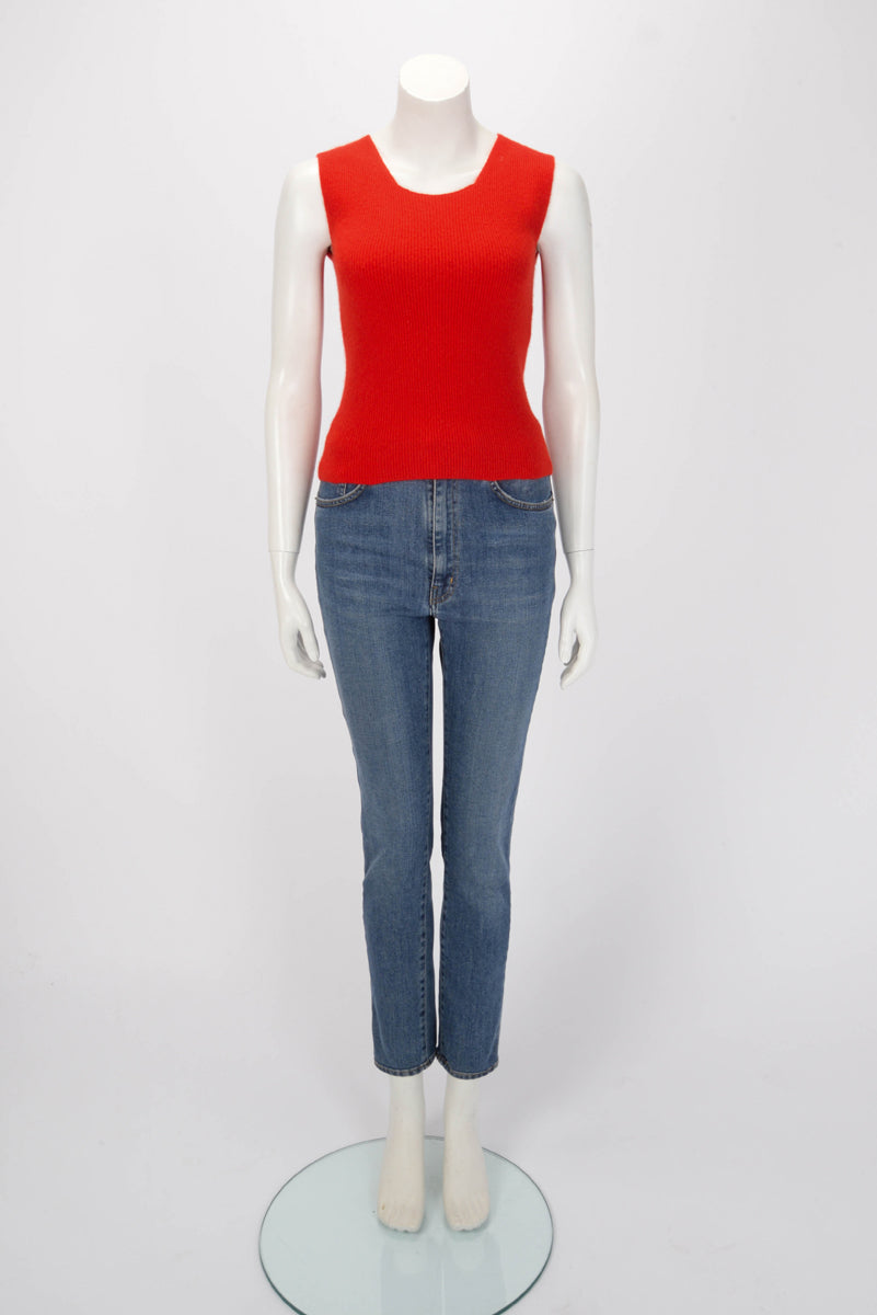 Chanel Red Ribbed Cashmere Knit Top FR 42