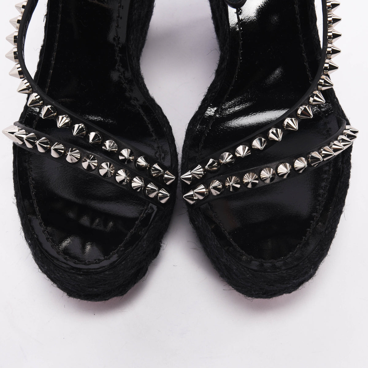 Christian Louboutin Black Raffia Mafaldina Zeppa Studded Wedges