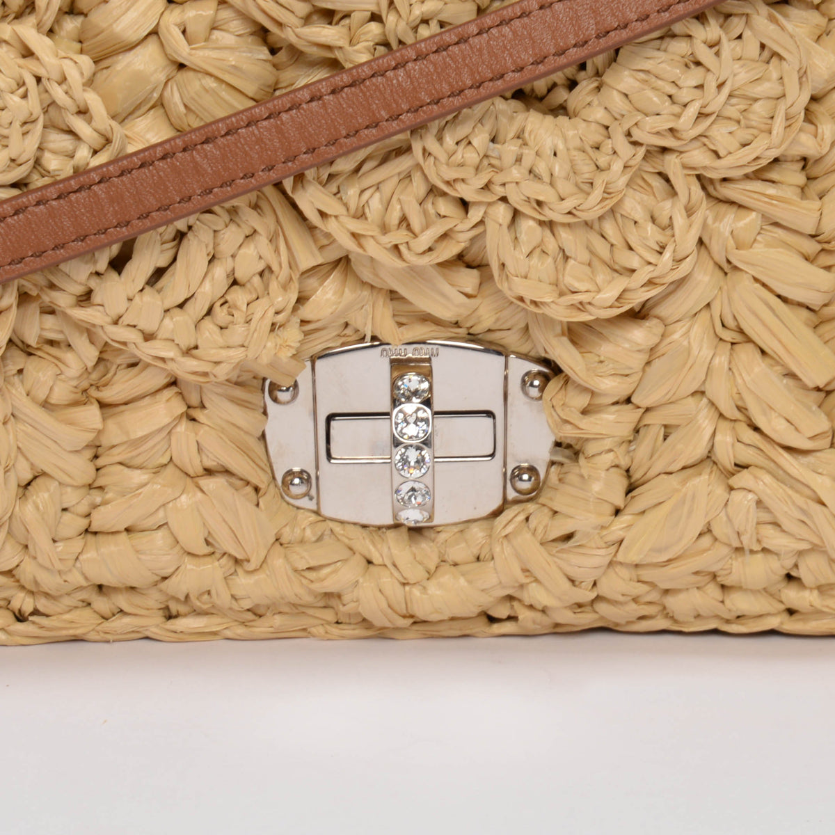 Miu Miu Beige Raffia Crystal Shoulder Bag