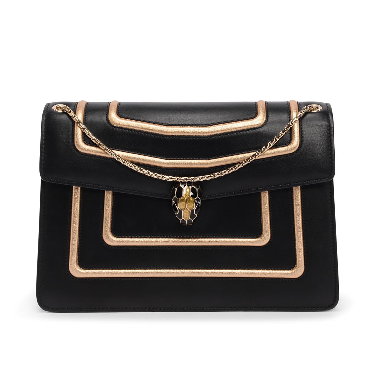 Bulgari Black & Gold Calfskin Serpenti Graphic Frame Bag