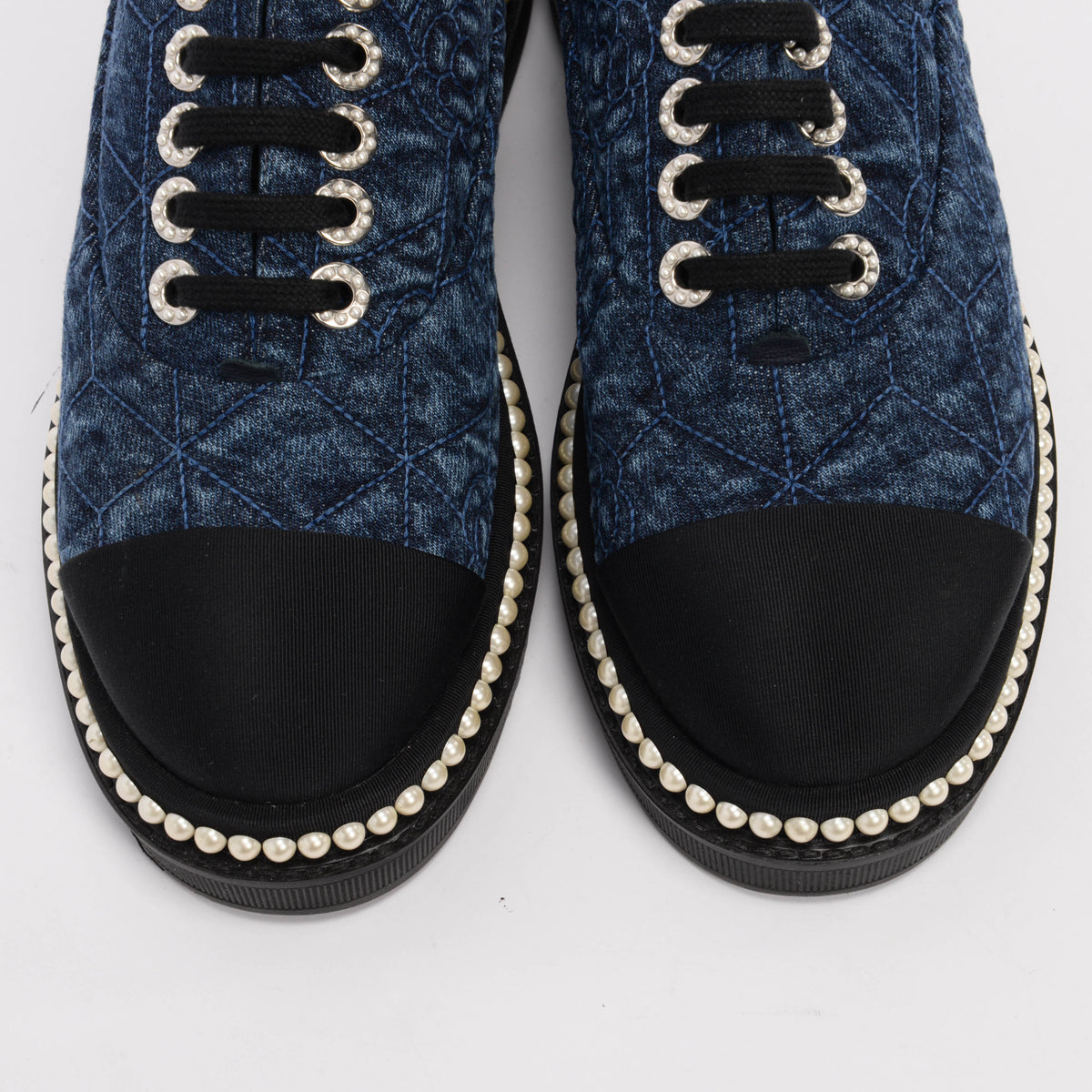 Chanel Denim & Pearl Camellia Stitch Detail Sneakers 38