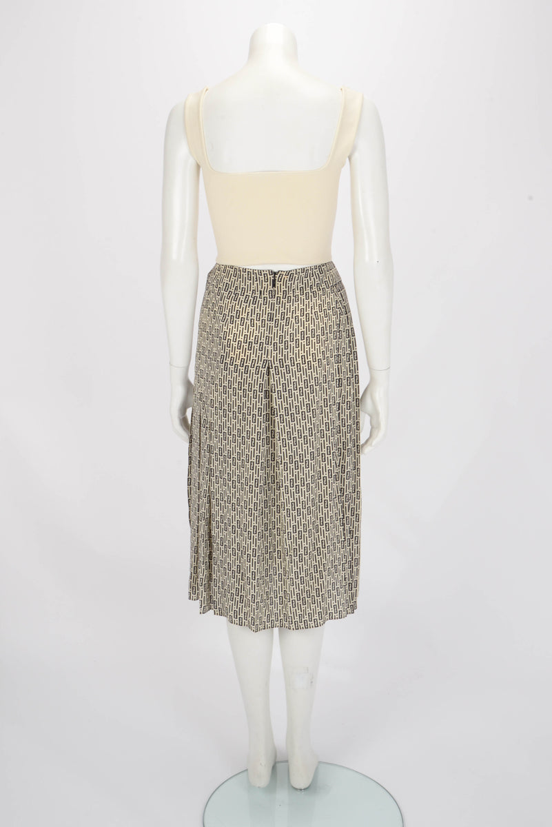 Fendi Black & Ivory Silk FF Print Pleated Skirt IT 36