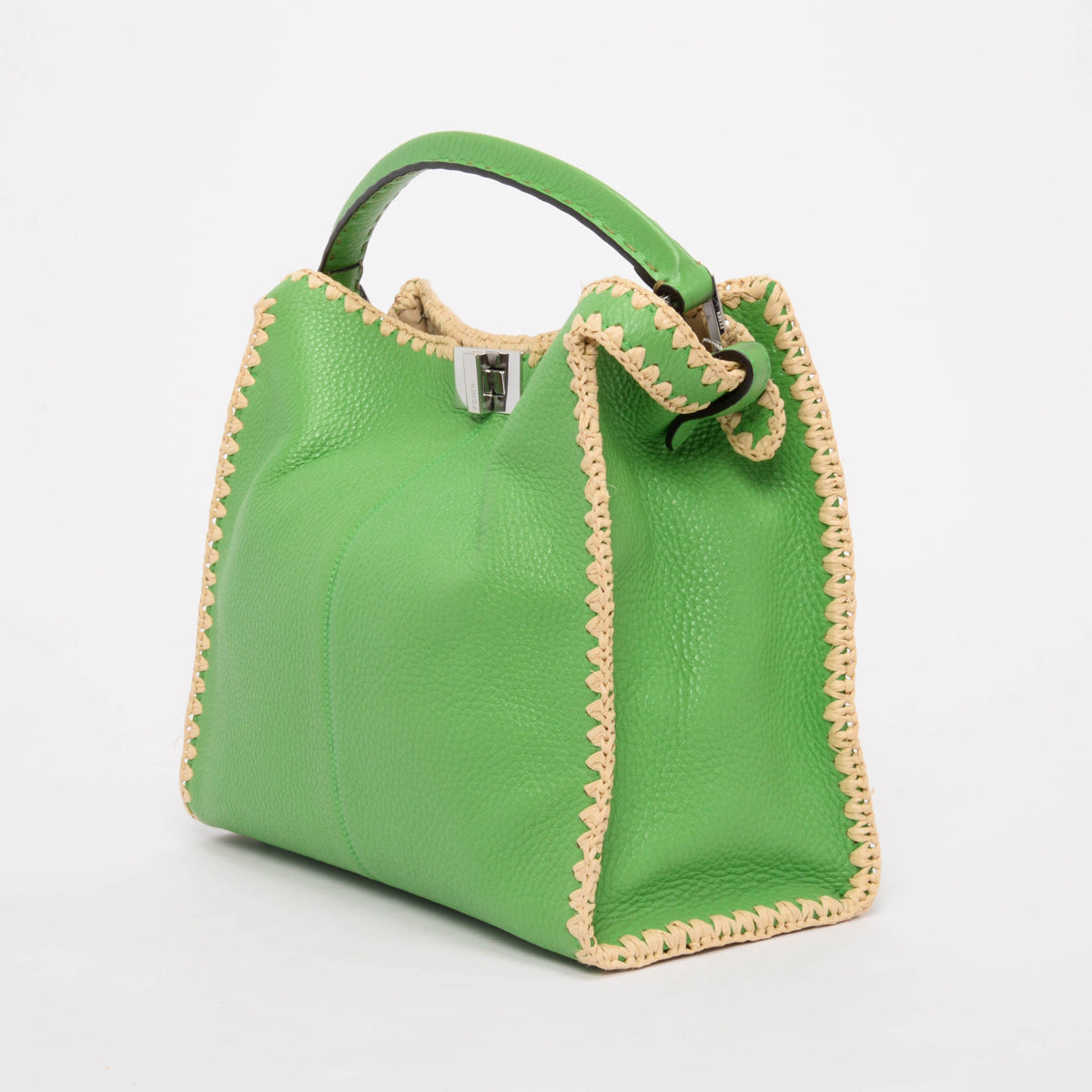 Fendi Lime Calfskin & Raffia Medium Peekaboo X-Lite Bag