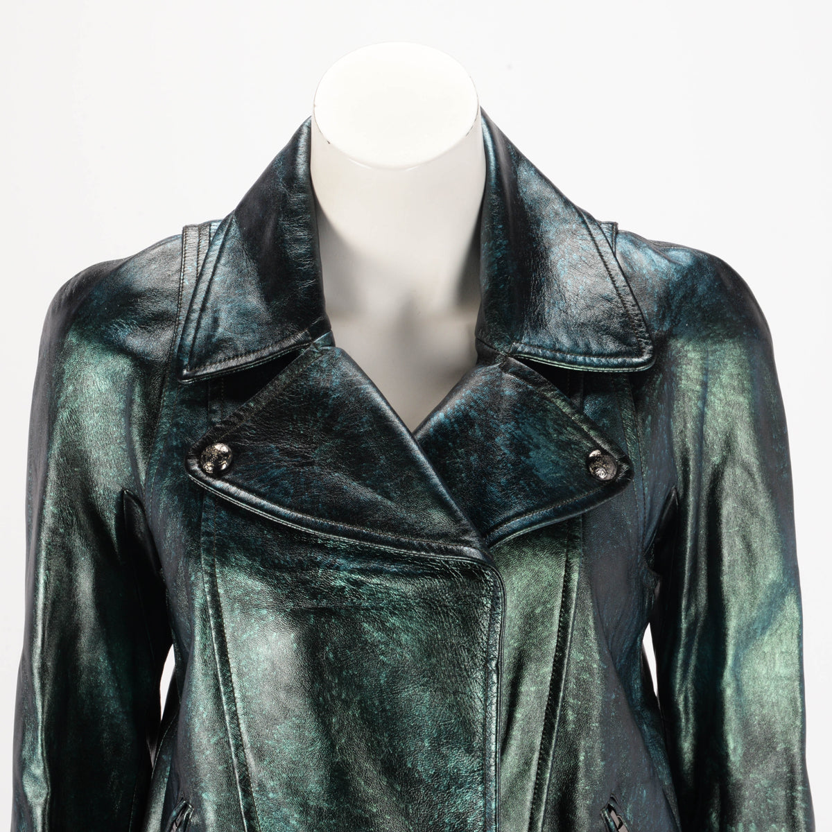 Chanel Green Iridescent Lambskin Biker Jacket FR 34