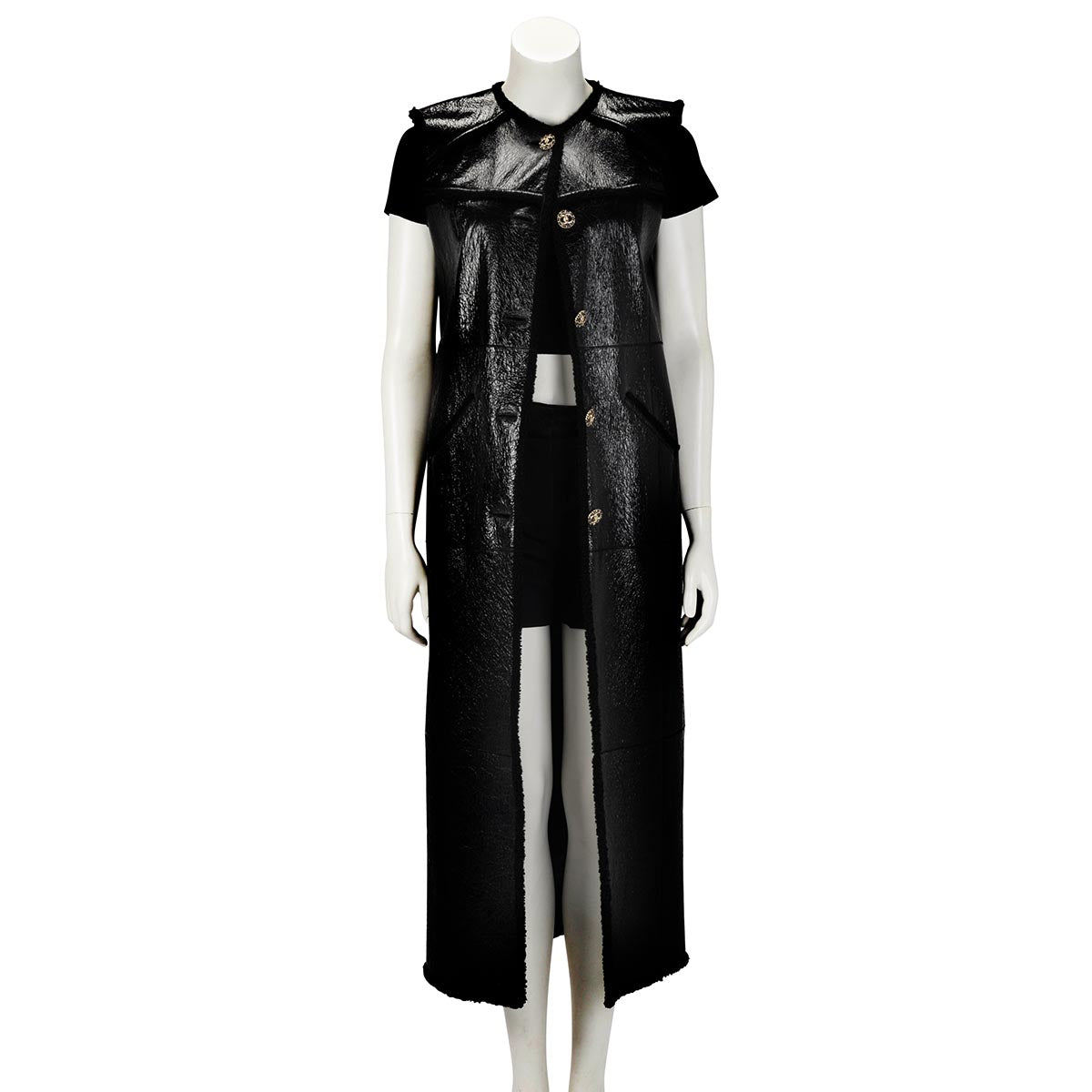 Chanel Black Distressed Lambskin and Shearling Sleeveless Coat FR 36