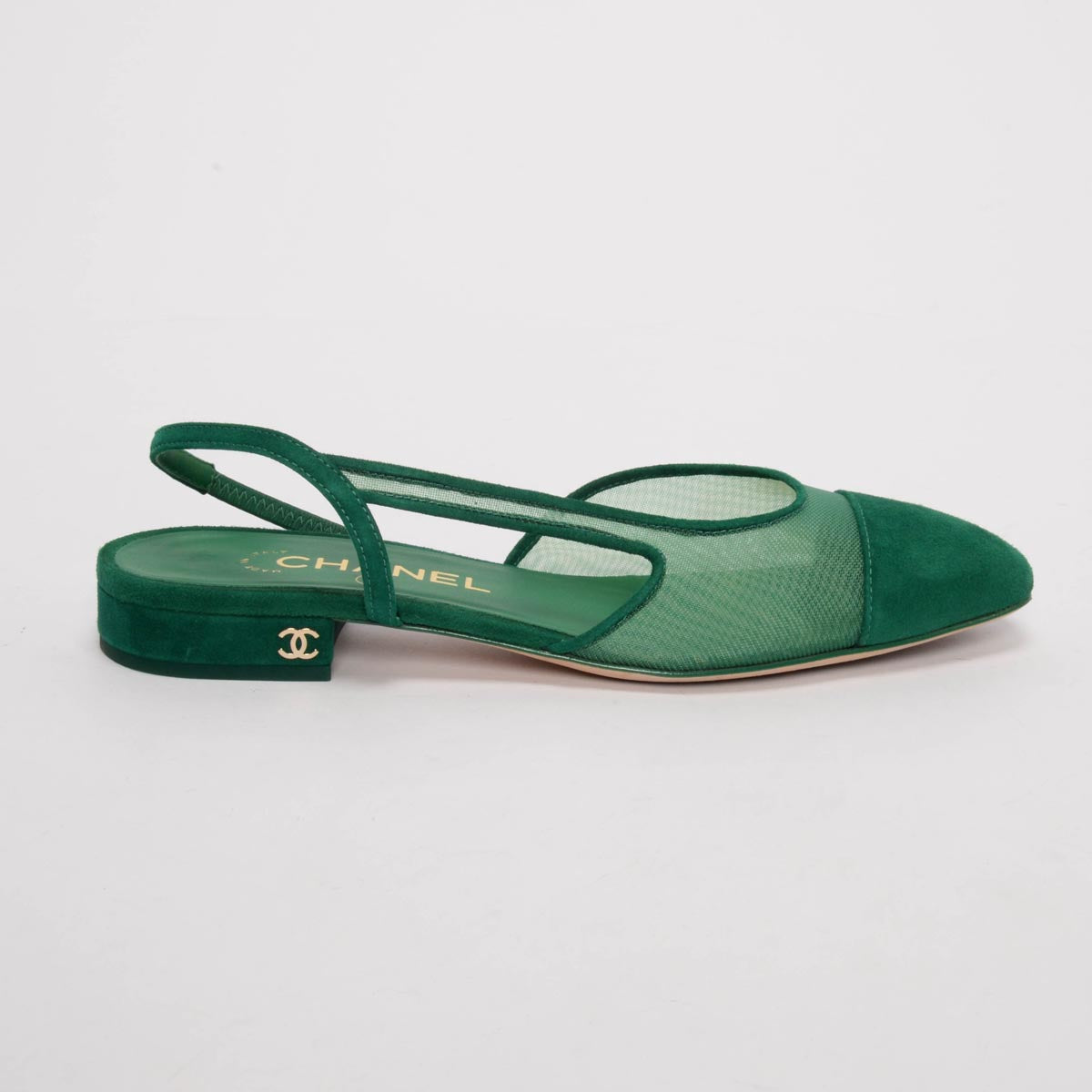 Chanel Green Suede & Mesh CC Slingback Flats 36.5