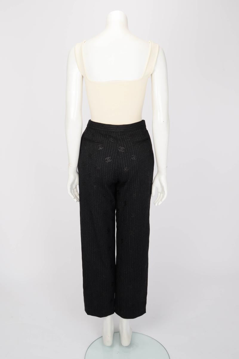 Chanel Black Pinstriped CC Pants FR 36