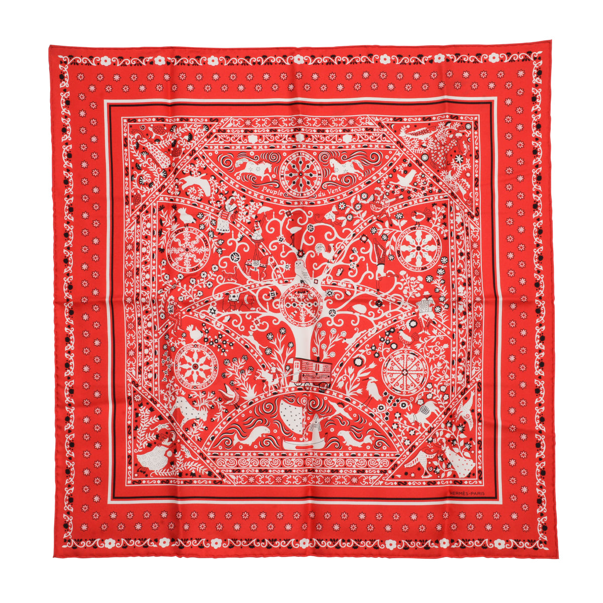 Hermes Red Silk Peuple Du Vent Bandana Scarf