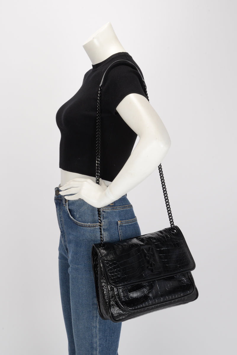 Saint Laurent Black Croc Embossed Medium Niki Bag