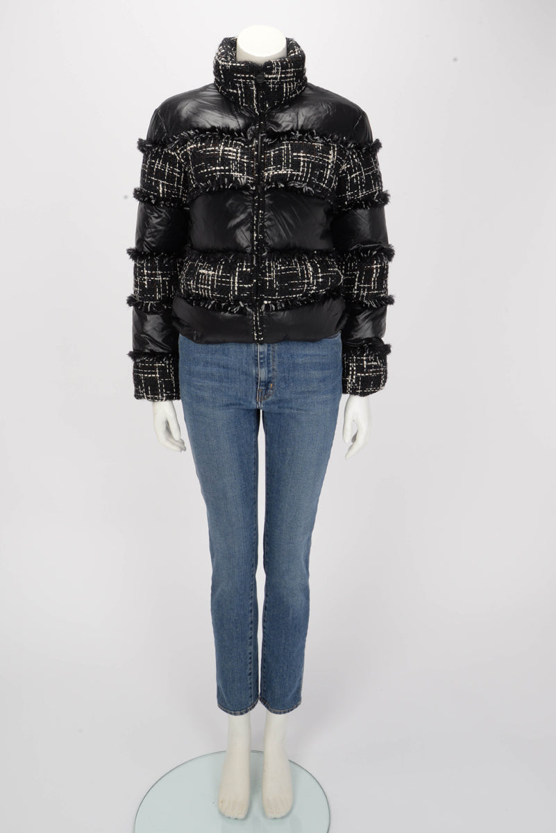 Chanel Black Nylon & Tweed Coco Neige Puffer Jacket FR 36