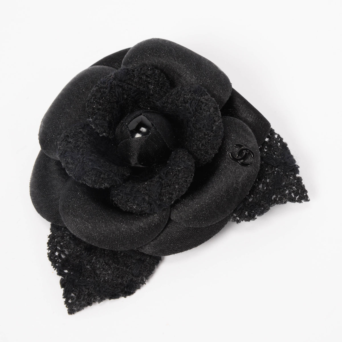 Chanel Black Satin & Tweed Camellia Brooch