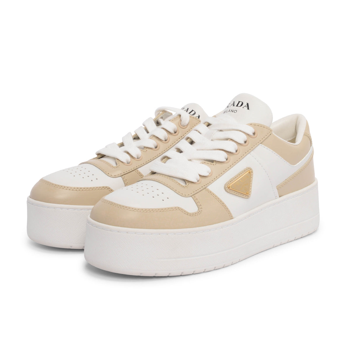 Prada White & Beige Calfskin Downtown Bold Sneakers 39