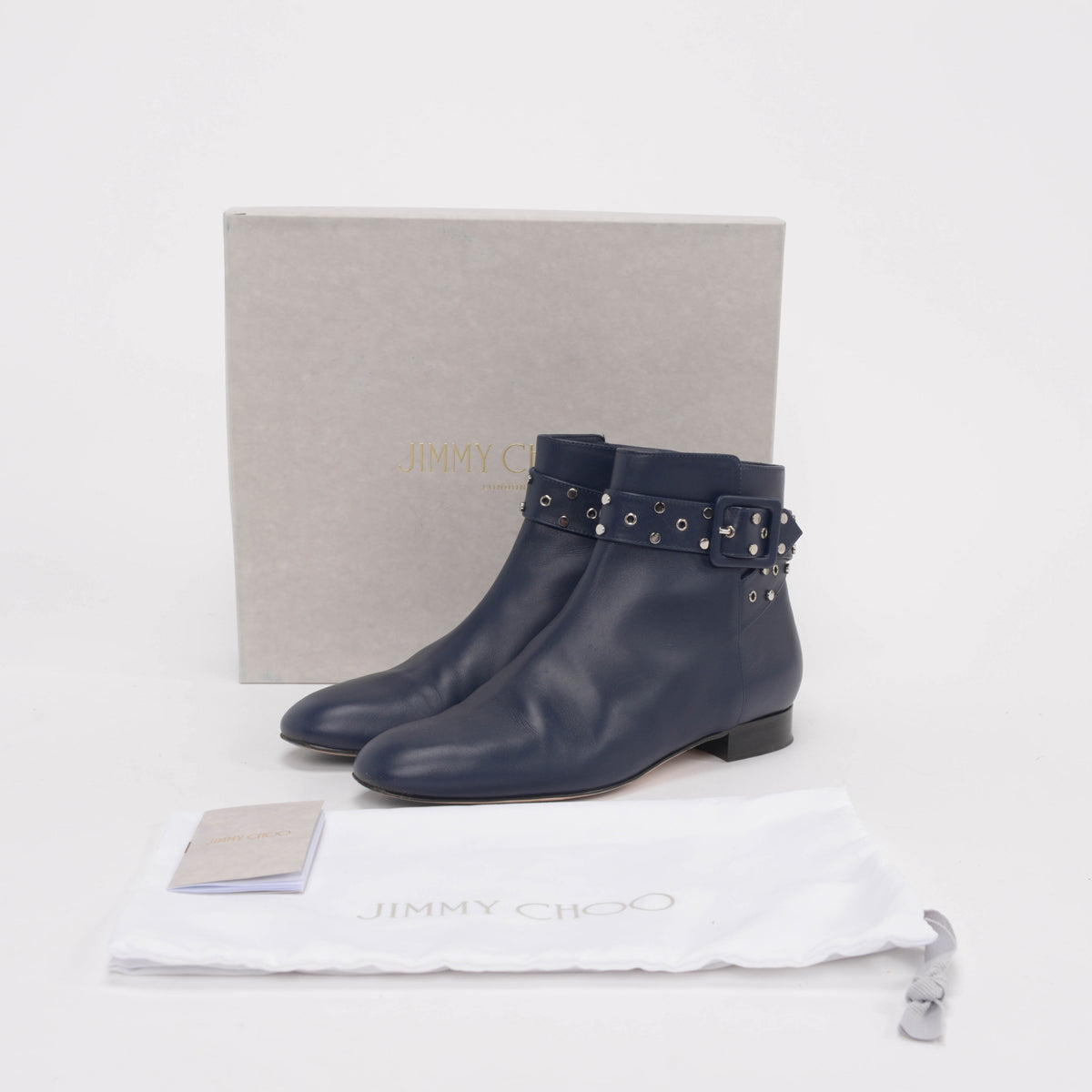 Jimmy Choo Navy Calfskin Hallie Studded Boots 38