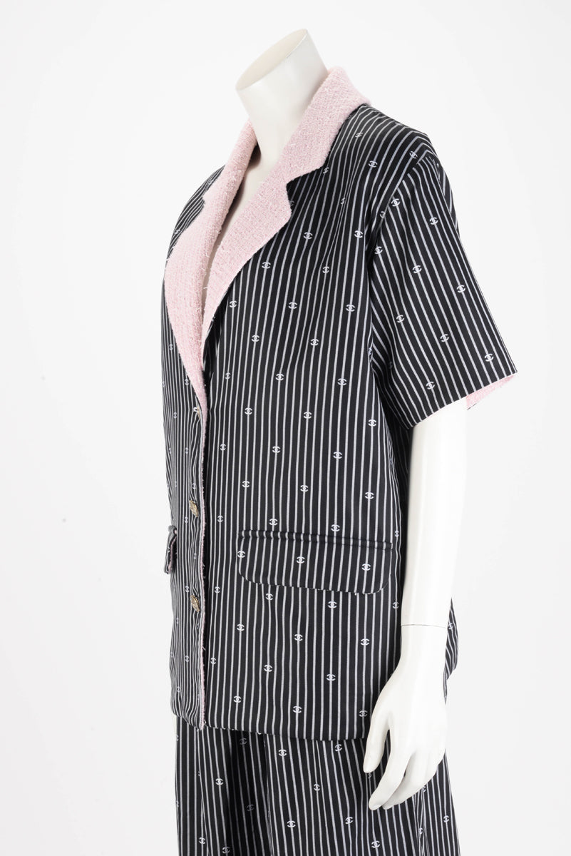 Chanel Pink Tweed Lined CC Pinstripe S/S Jacket FR 36