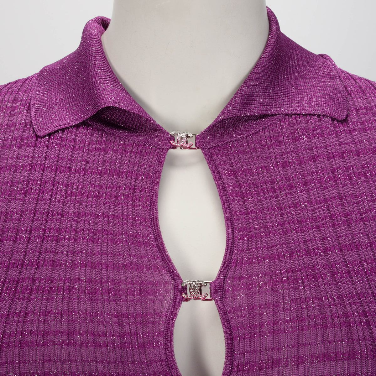Chanel Purple Ribbed Lurex Collared Midi Dress FR 48