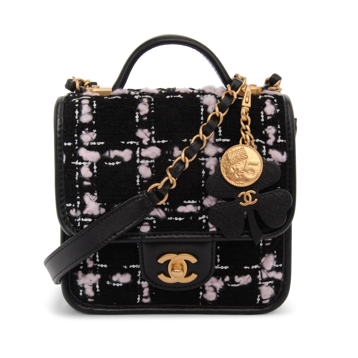 Chanel Black & Pink Tweed Mini Flap Bag with Handle