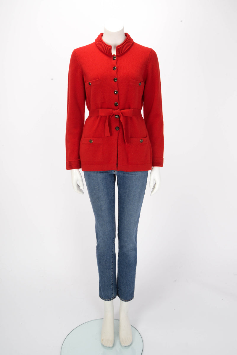 Chanel Red Cashmere Belted Mandarin Collar Cardigan Jacket FR 40