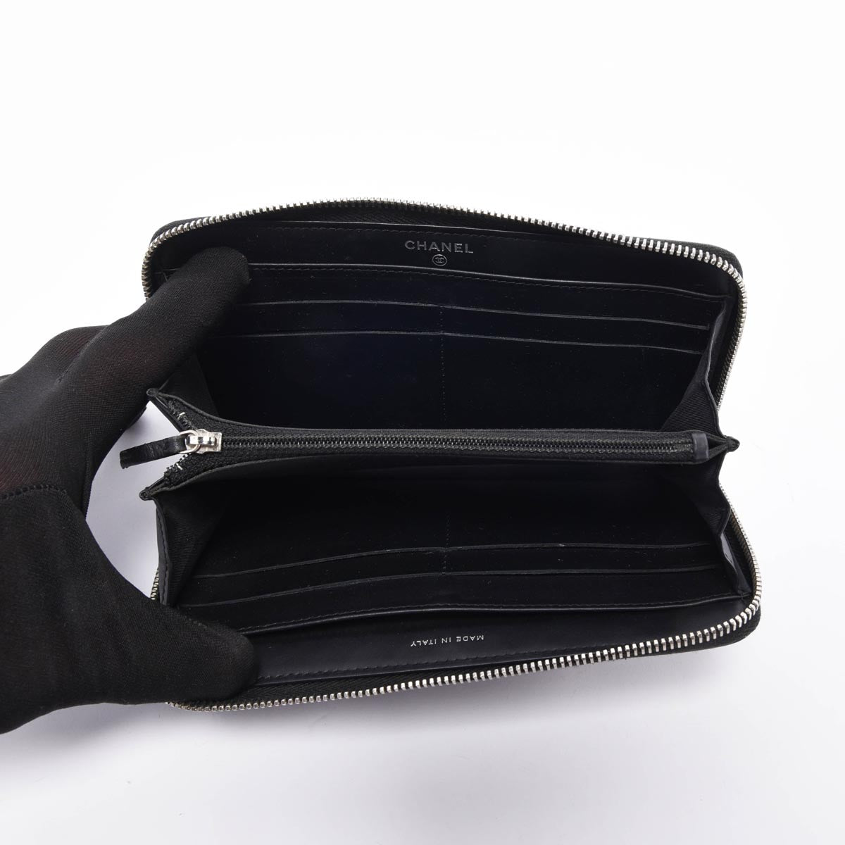 Chanel Black Chevron Patent CC Zip Around Wallet