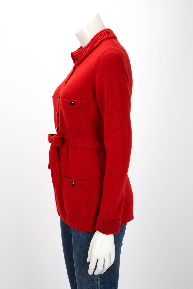 Chanel Red Cashmere Belted Mandarin Collar Cardigan Jacket FR 40