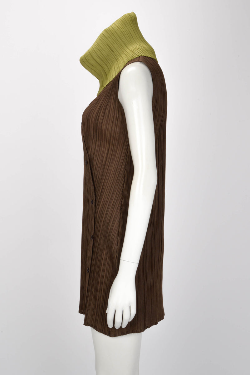 Pleats Please Green & Brown Pleated Collared Dress