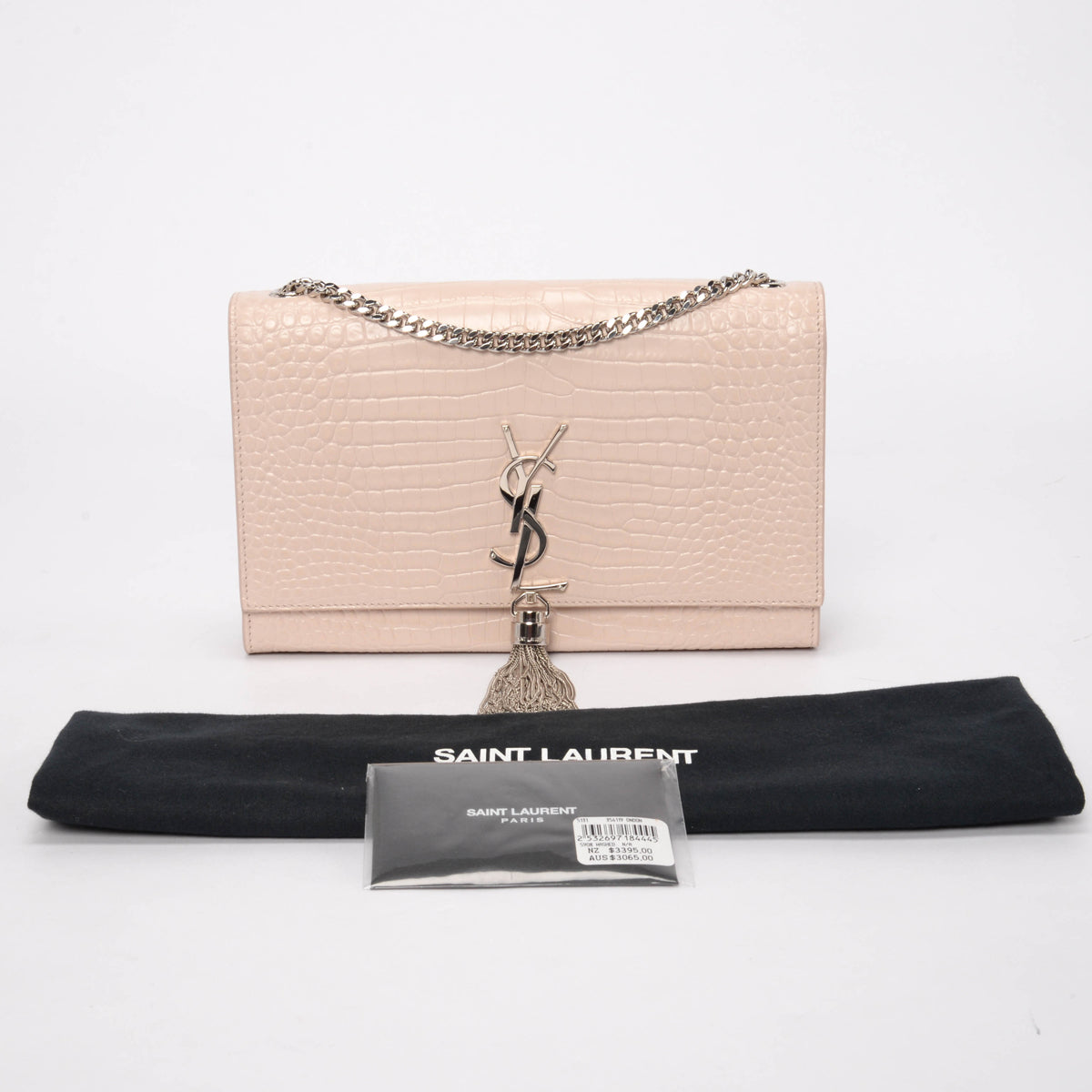 Saint Laurent Light Beige Croc Embossed Medium Kate Tassel Bag