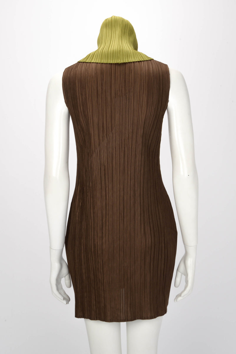 Pleats Please Green & Brown Pleated Collared Dress