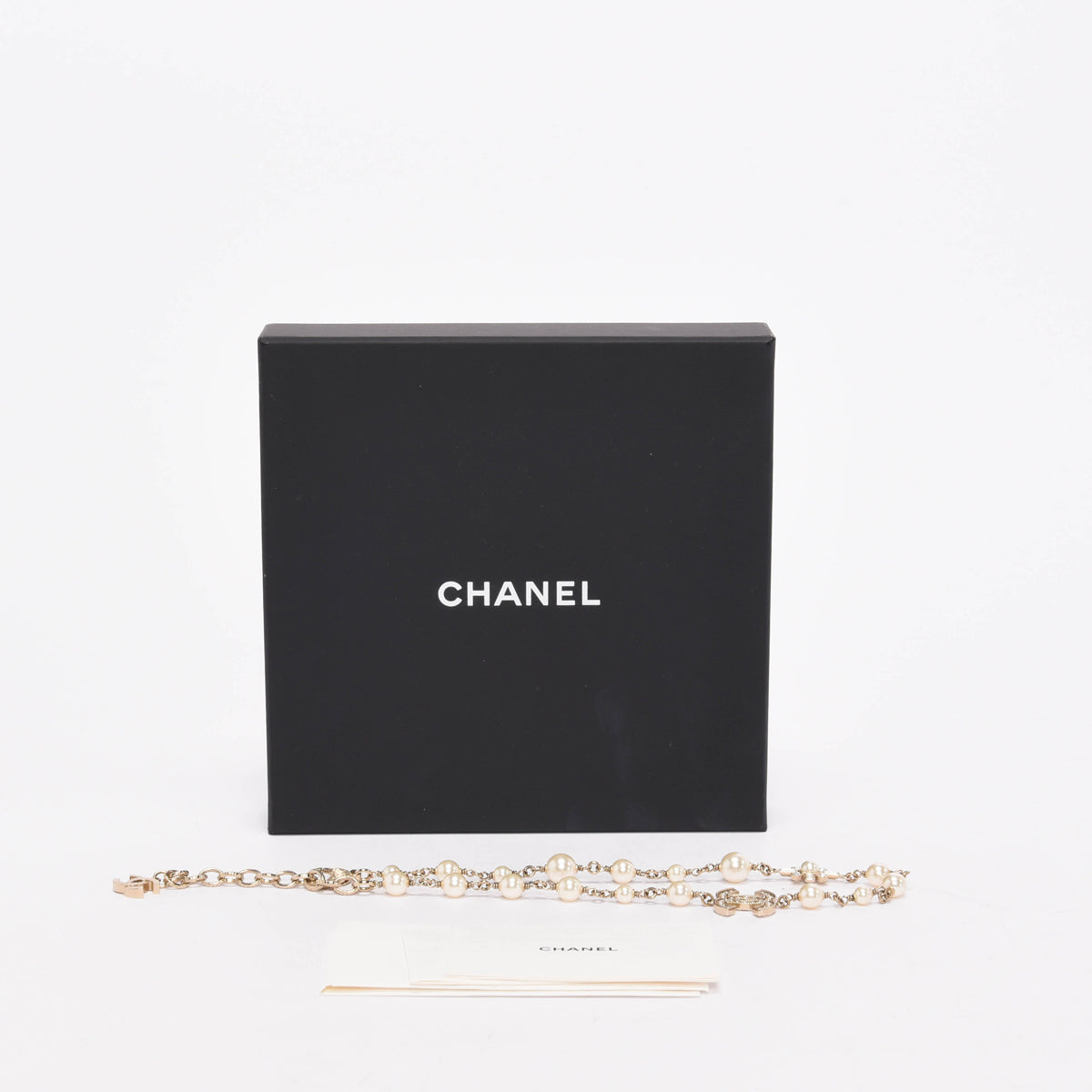 Chanel Gold Tone Pearl & Crystal CC Necklace