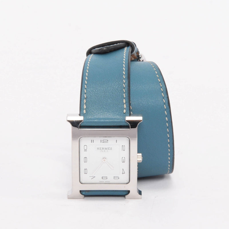 Hermes Blue Jean Swift Heure H Medium Model Watch - Blue Spinach