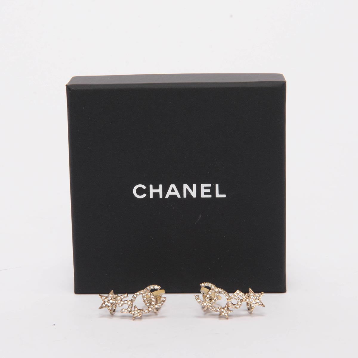 Chanel Light Gold Crystal CC Star Cuff Earrings