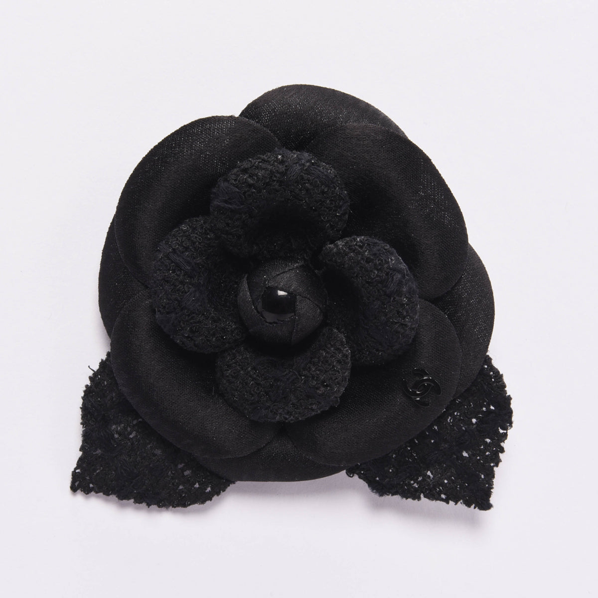 Chanel Black Satin & Tweed Camellia Brooch