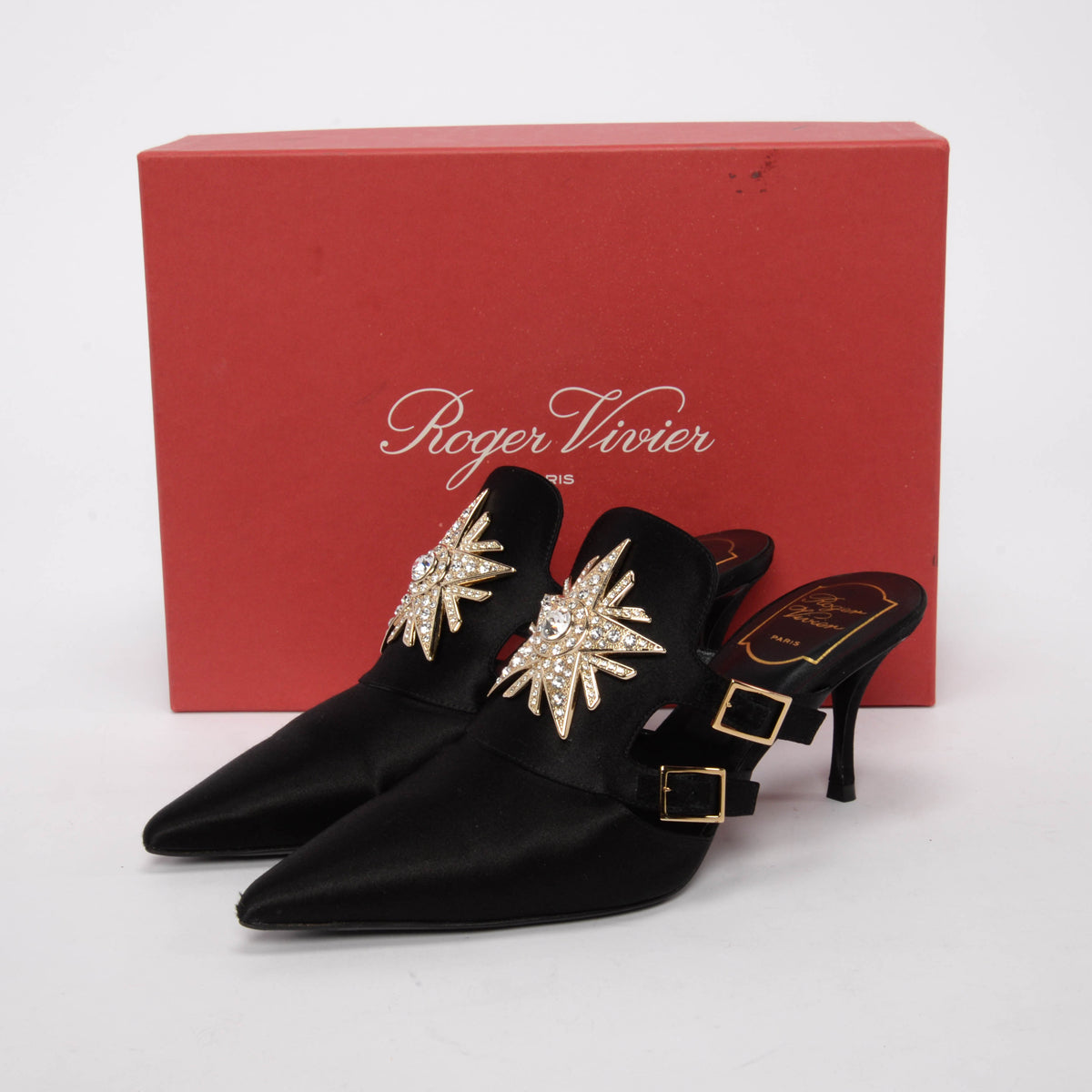 Roger Vivier Black Satin Crystal Star Mules 37.5