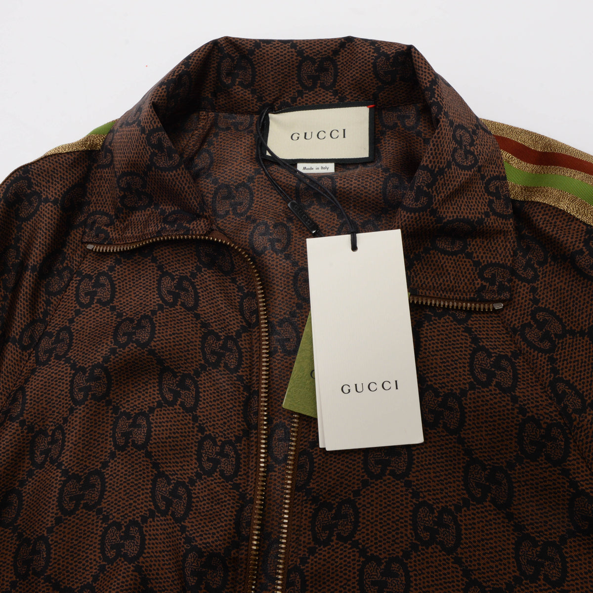 Gucci Brown Silk GG Supreme Zip Jacket L