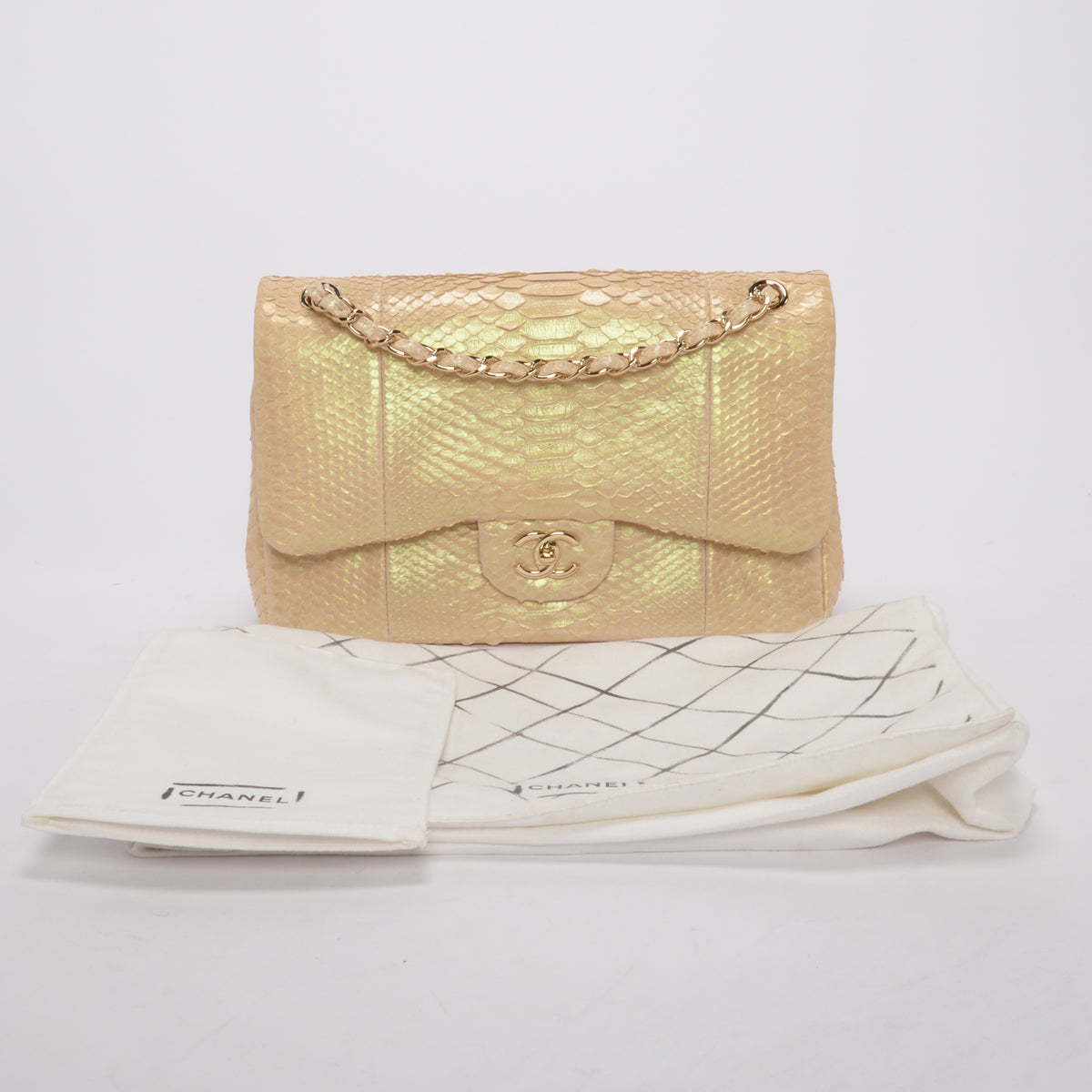 Chanel Light Beige Iridescent Python Large Double Flap Bag