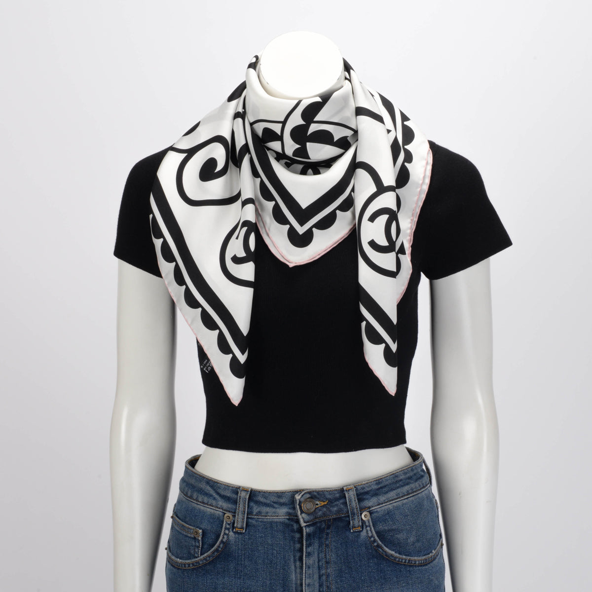 Chanel White & Black Silk CC Floral Scarf