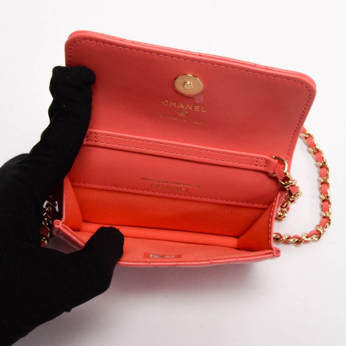 Chanel Coral Lambskin CC Clutch With Chain