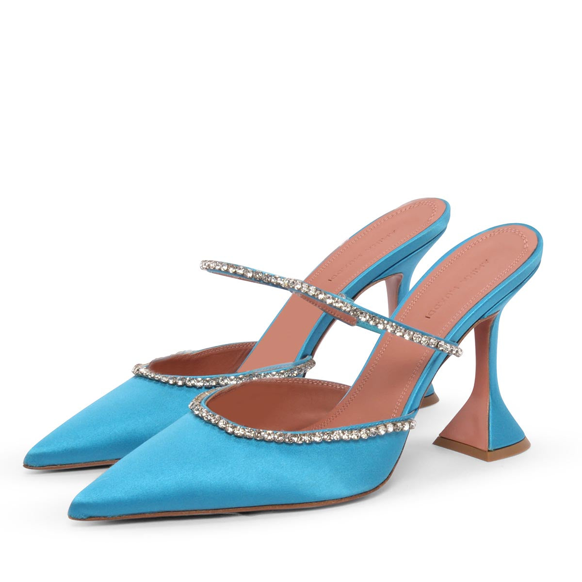 Amina Muaddi Turquoise Satin & Crystal Gilda Mules 39.5