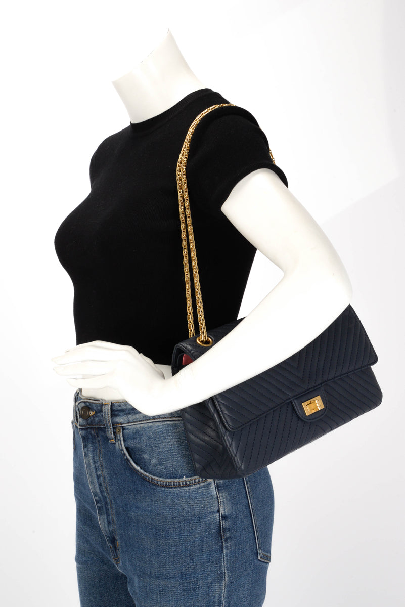 Chanel Navy Chevron Sheepskin 2.55 Reissue 226 Flap Bag