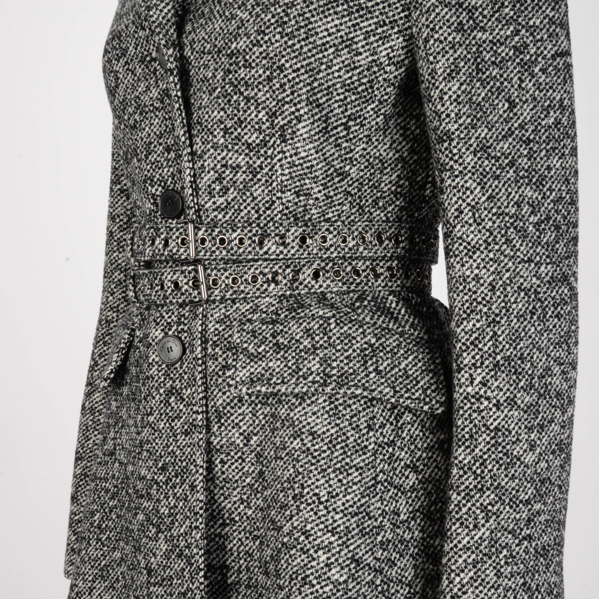 Dior Black & White Wool Tweed Belted Coat FR 40