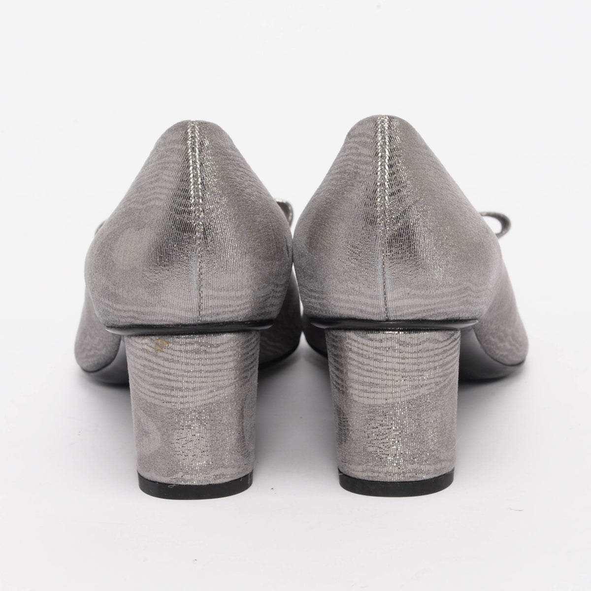 Ferragamo Silver Suede Viva Bow Pumps 10