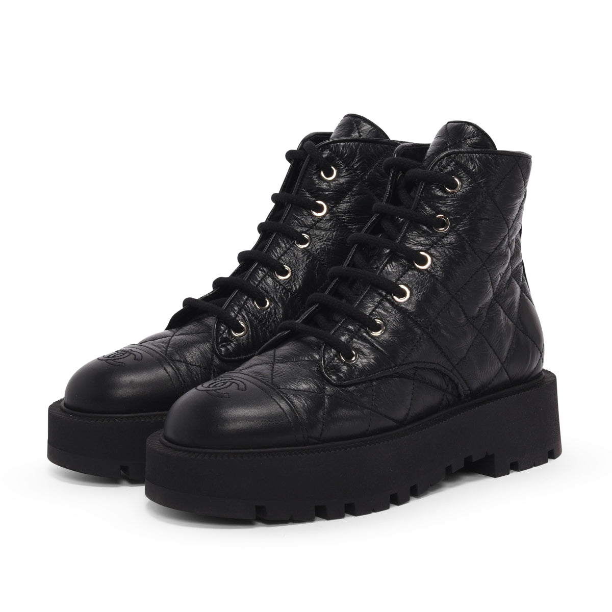 Chanel Black Distressed Calfskin Short Combat Boots 38.5