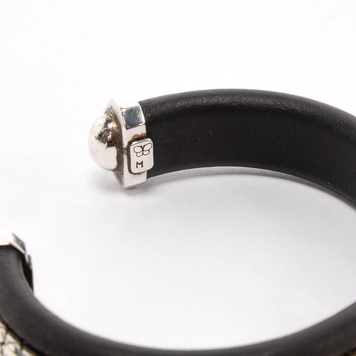 Bottega Veneta Black Leather & Silver Intrecciato Cuff