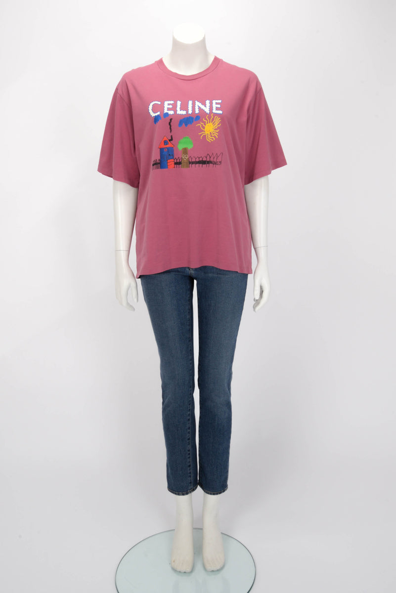 Celine Magenta Cotton Loose Graphic T-Shirt M