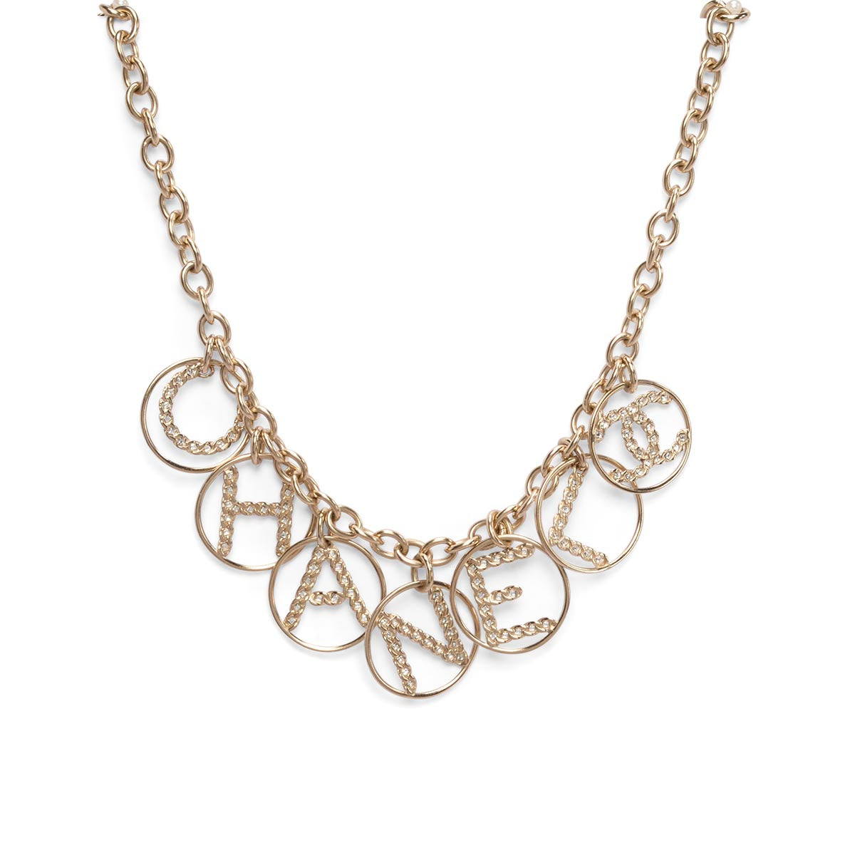 Chanel Light Gold Crystal Logo Spellout Necklace