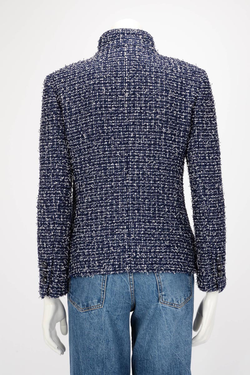 Chanel Navy & White Fantasy Tweed Military Collar Jacket FR 40